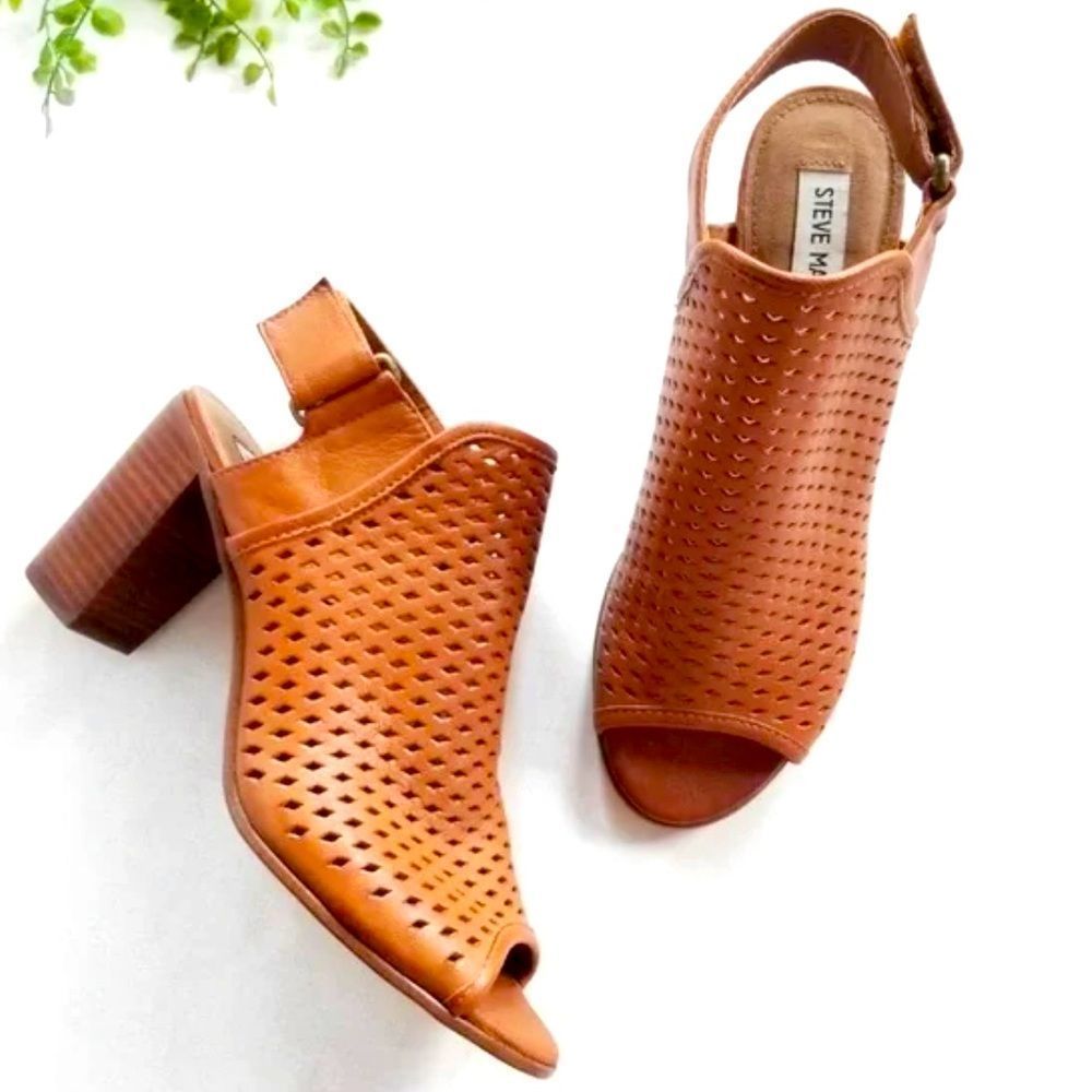 Steve Madden- Nimbble, Laser Cut, Brown Genuine Leather, Mule Block Heel Booties